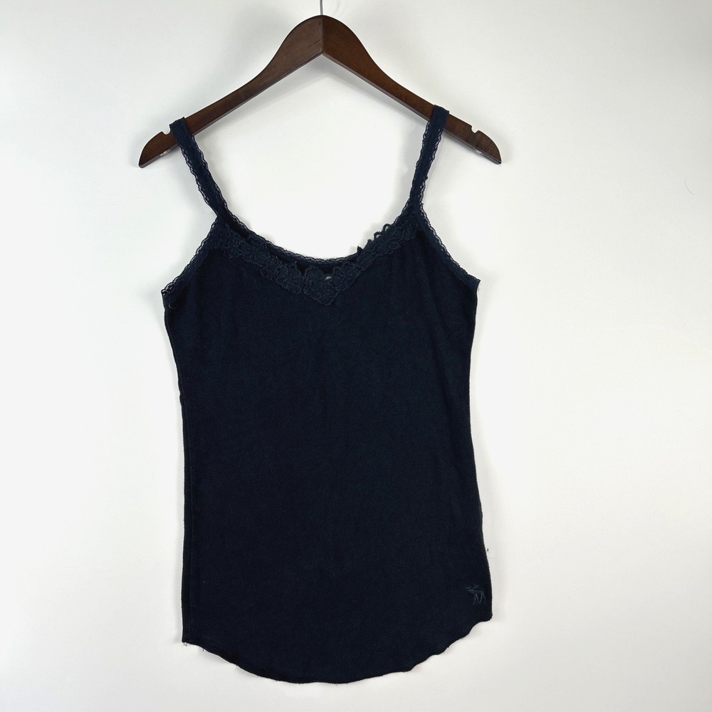 Vintage Abercrombie & Fitch Womens Y2K Lace Trim Cami Size L Navy Blue Cali Prep